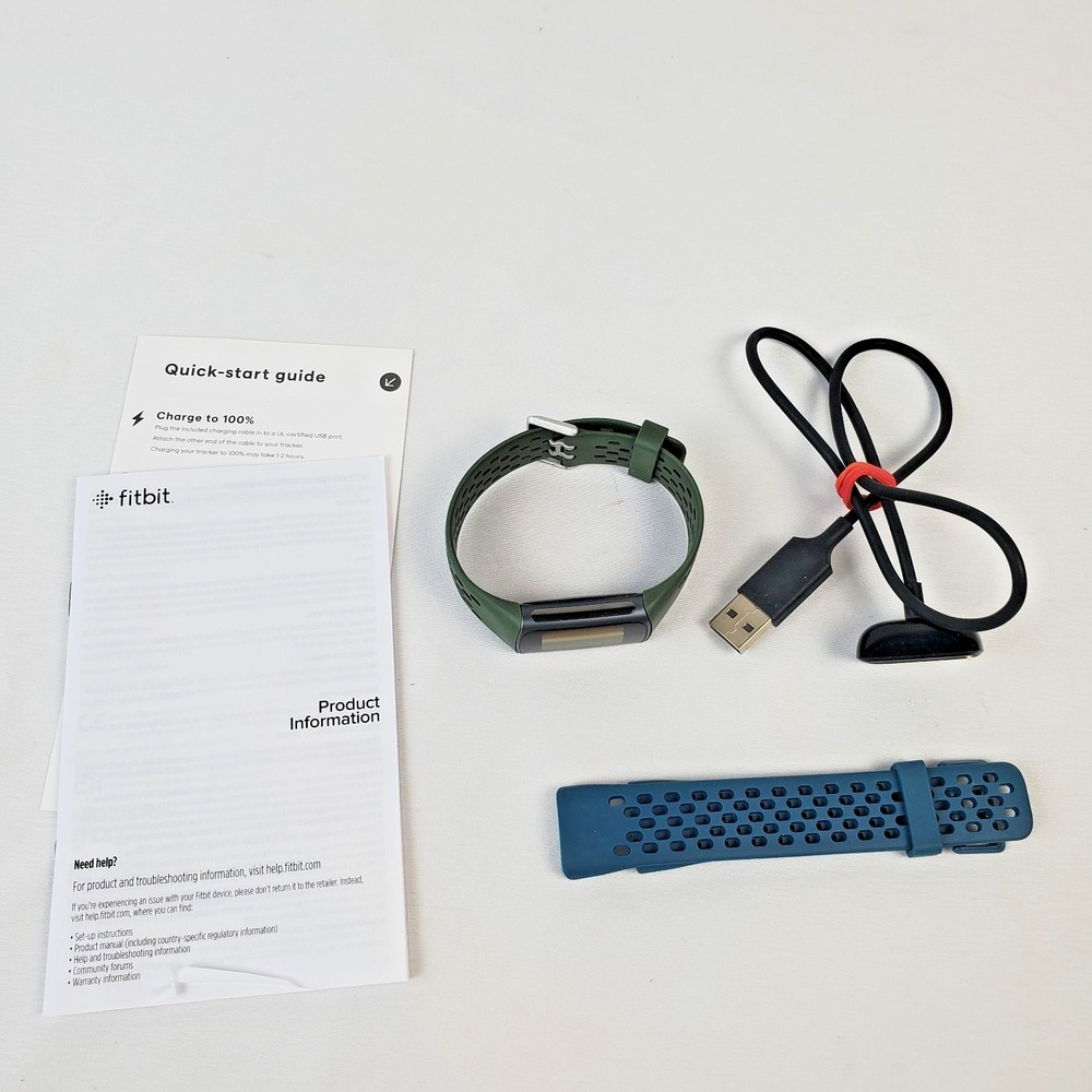 Fitbit Charge 5 Fitness Tracker Black Green w/ Cable, Extra Band, Guide